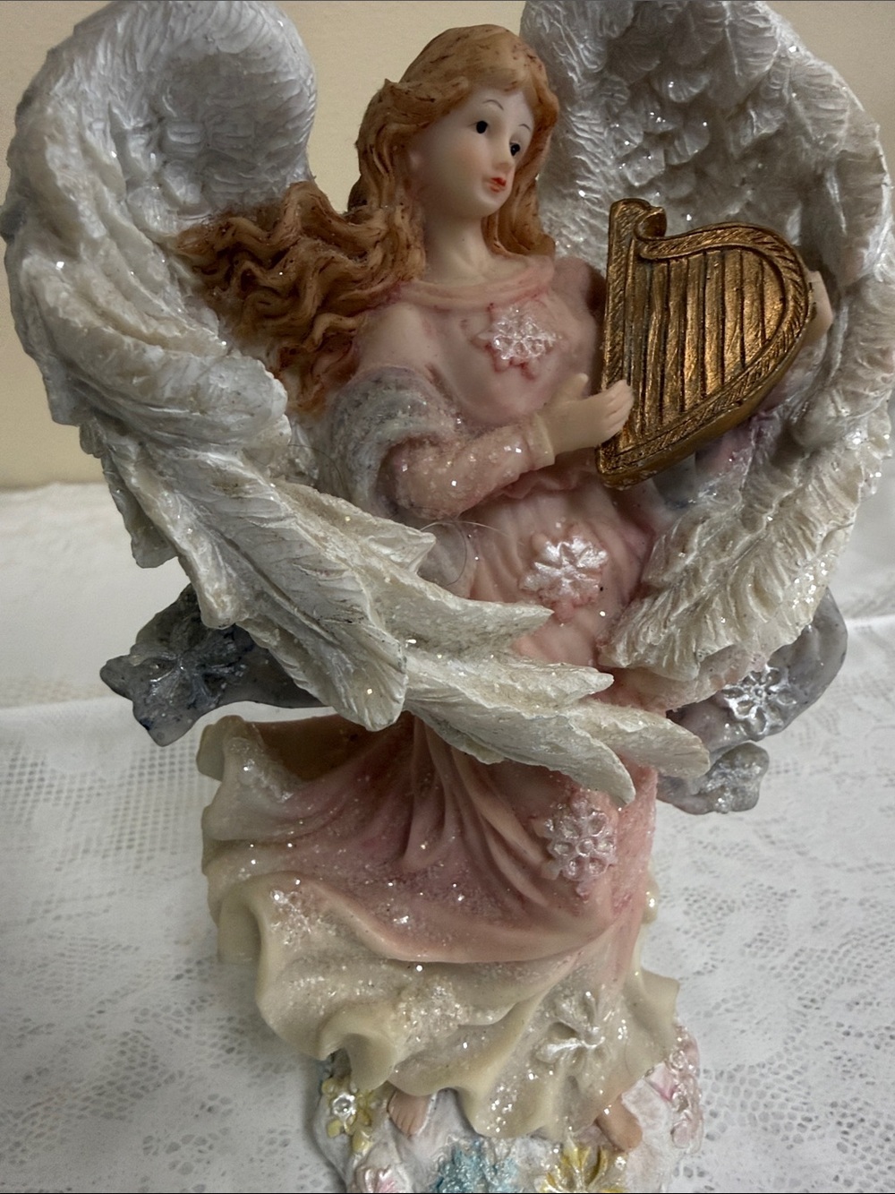 Otherwild Pink and White Angel Figurine with Gold Harp